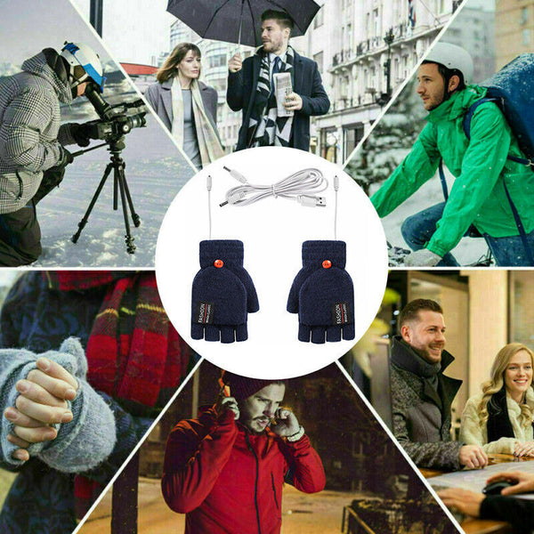 Winter Electric Rechargeable Mitten Heated Gloves Half Finger W/Hat USB Knitted