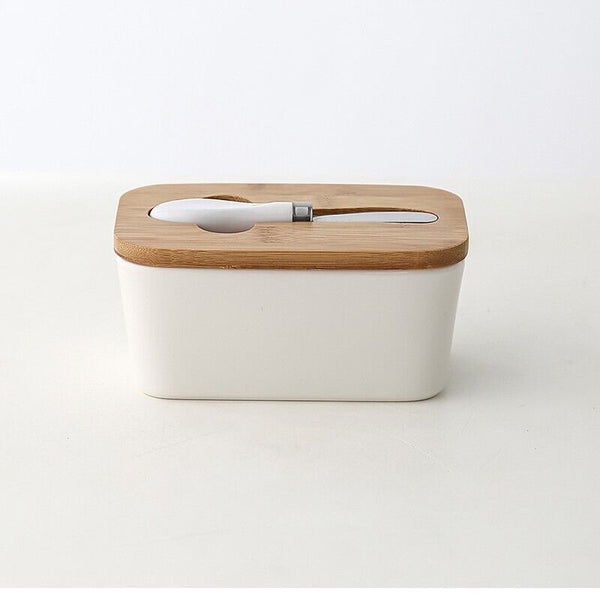 Ceramic Butter Dish Box Storage Tray Container w/ Bamboo Lid & Butter Cutter