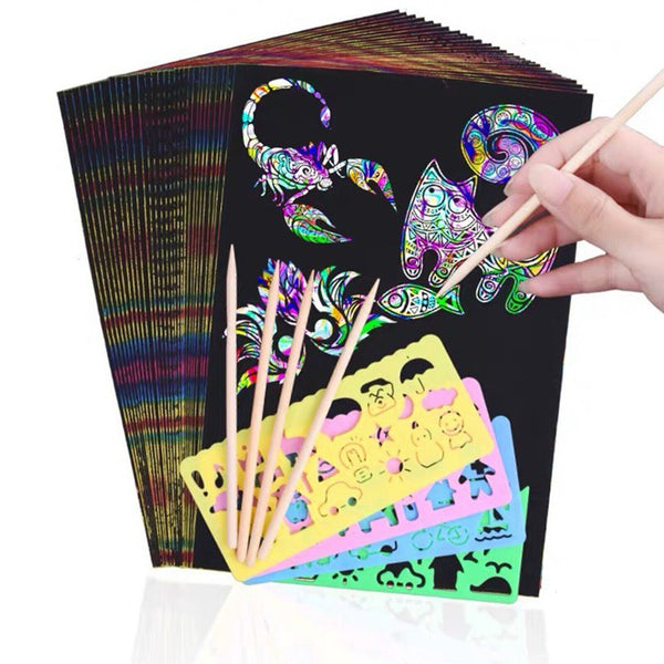 10Sheets Scratch Paper Creative Art Rainbow Paper Sketch Book Bamboo Pens Rulers - Lets Party