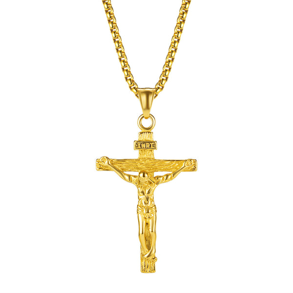 Men Stainless Steel Gold Silver Old Gold Jesus Crucifix Pendant Chain Necklace