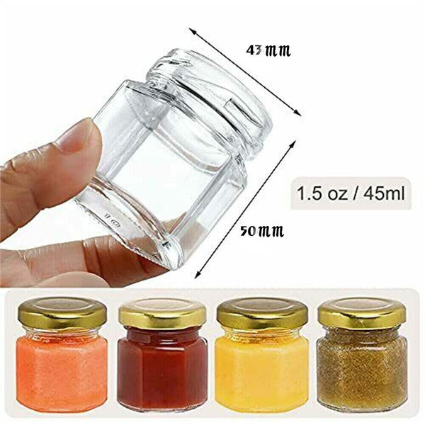 50 Hexagon Mini Glass Jar with Wood Dipper Gold Lid Bee Pendant Jute Rope Small