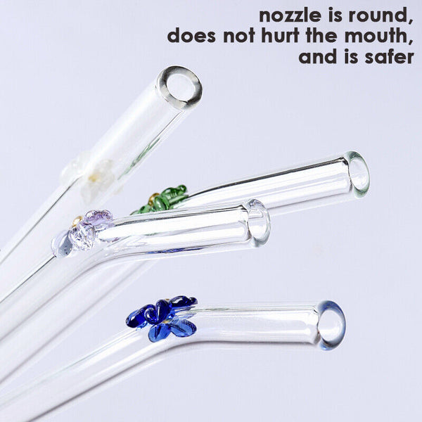 5PCS Flower Glass Pyrex Drinking Straws Pack Bent Straight Reusable Eco-Friendly