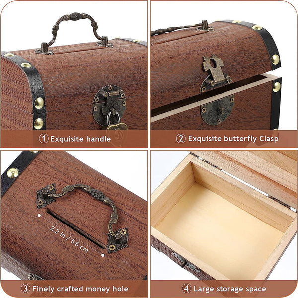Wooden Treasure Chest Retro Money Storage Box Case Coin Piggy Bank Organizer AUS