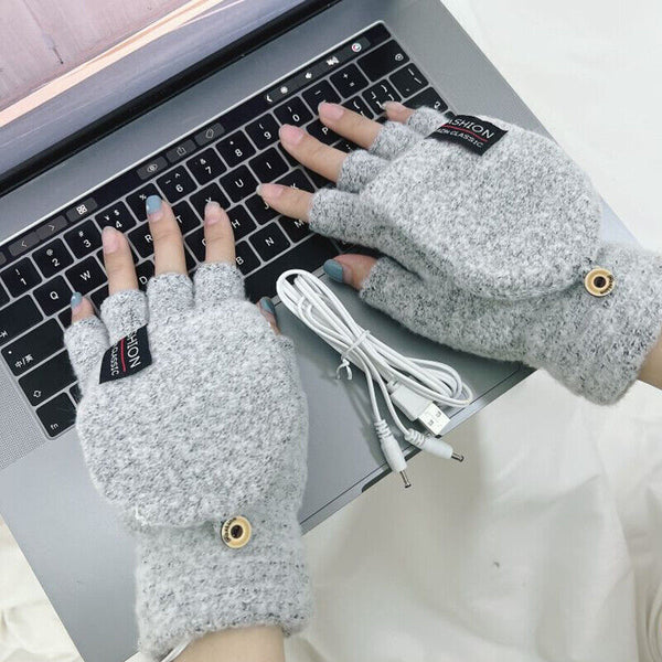 Winter Electric Rechargeable Mitten Heated Gloves Half Finger W/Hat USB Knitted