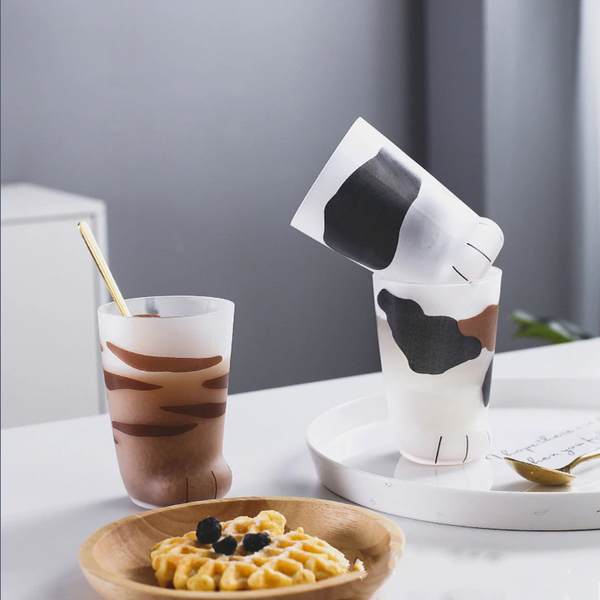 Pair 3 Cat Paw Frosted Calico Cups Glass Milk Cute Gift Tumbler Claw Foot Cute