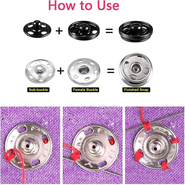 120 Sets Sew-On Snap Buttons Metal Snaps Fasteners Press Studs Buttons 8MM/10MM