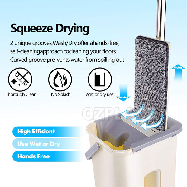 Mop Bucket Wet Dry Rinse Wash 360 Rotating Squeeze Flat Floor Cleaner with Pads - Lets Party