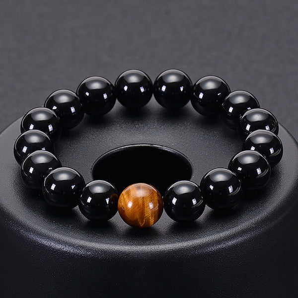12mm Chakra Bracelet Natural Healing Bead Black Obsidian And Tiger Eye Stone NEW