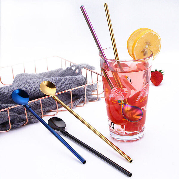7PCS Reusable Metal Stainless Steel Straws Drinking Straw Spoon Set with Brush