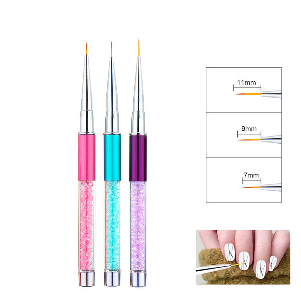 3Pcs Nail Art Liner Brush Pen Rhinestone Handle Salon Using Nylon Hair Brushes
