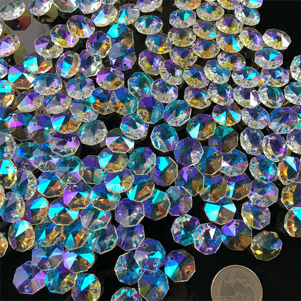 100x Octagon Beads AB Colour Crystal Glass Suncatchers Chandeliers 14mm 2 holes