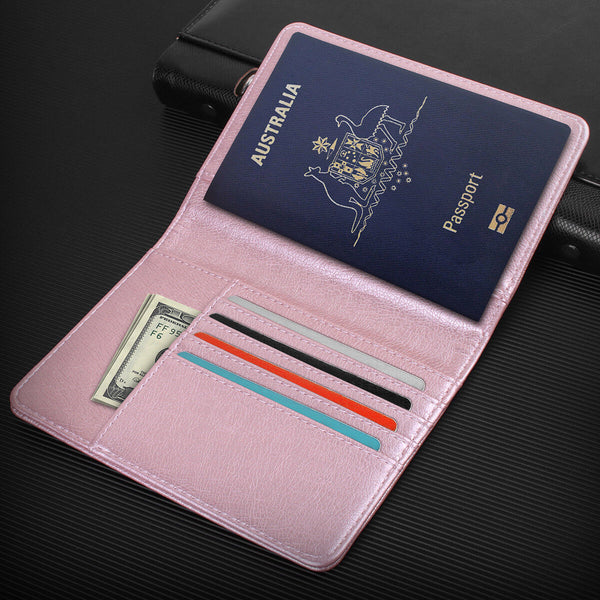 Rose Pink Leather RFID Blocking Passport Travel Wallet Holder ID Cards Cover Case - Lets Party