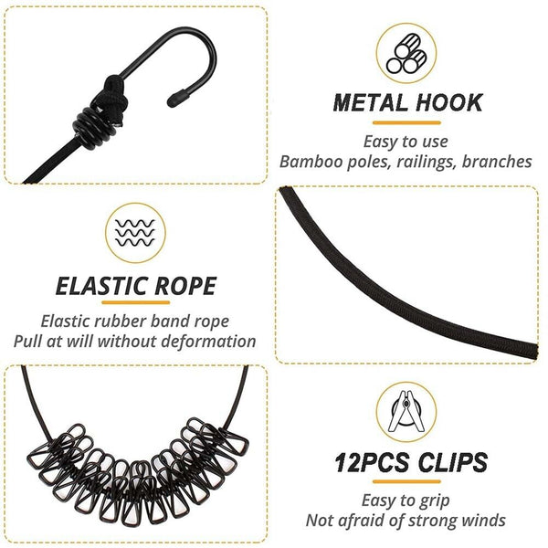 2pcs 12 Clips Camping Rope Peg Washing Clothes Line Travel clothesline Portable