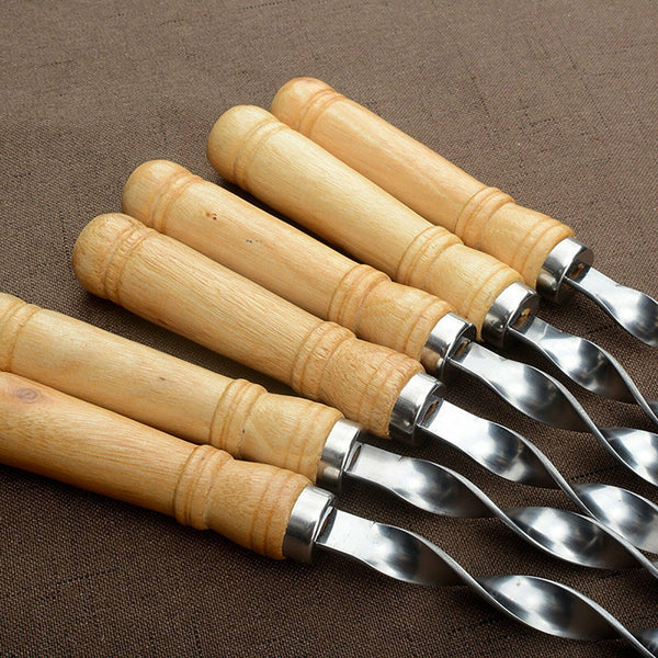 6X 55cm Flat Kebab Skewers Stainless Steel BBQ Meat Stick Barbecue Wooden Handle