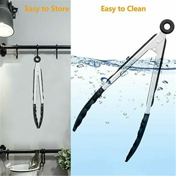 2Pack Black Kitchen Tongs Premium Silicone BPA Free Non-Stick Stainless Steel AU