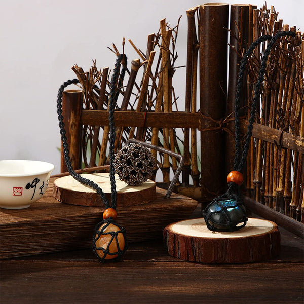 2PCS Empty Stone Holder Necklace Crystal Quartz Gemstone Cage Rope Cord Pendant