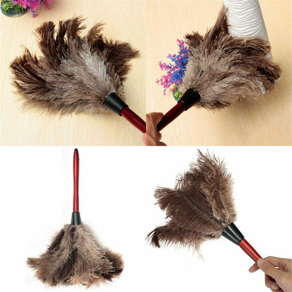 Anti-static Ostrich Feather Fur Brush Duster Dust Cleaning Tool Wooden Handle - Lets Party