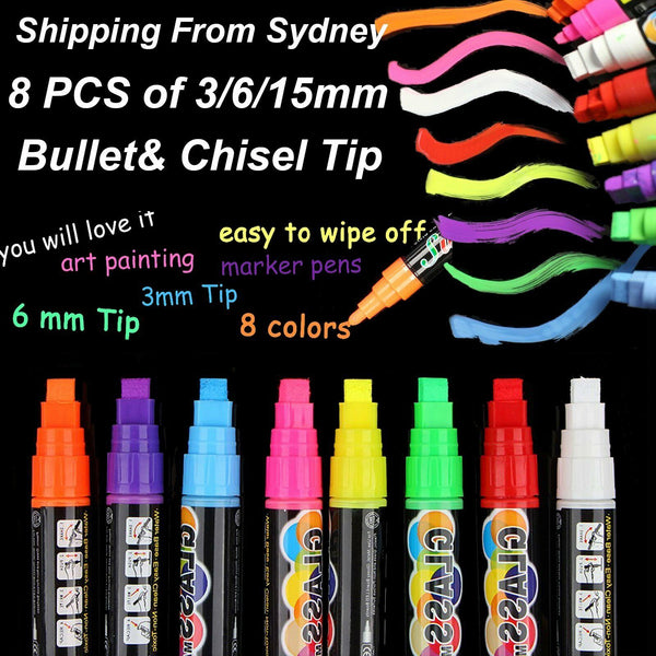 8pcs 3/6/15mm Liquid Chalk Marker Pens LED Writing Board Glass Art Pen Window AU