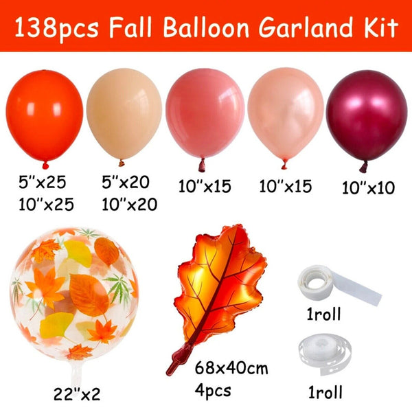 138pcs Autumn Maple Arch Garland Kit Balloons Orange Burgundy With Maple Leaves