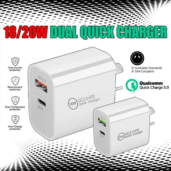 DUAL USB Wall Charger Fast PD Power Adapter Type C QC3.0 For Android iPhone iPad