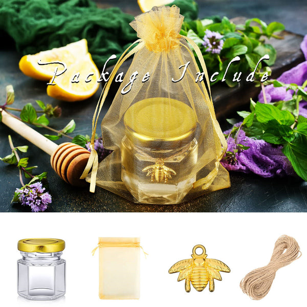 50Pack 45ml Hexagon Mini Glass Honey Jars with Wood Dipper Gold Lid Bee Pend AU