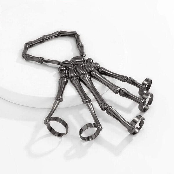 Punk Skeleton Hand Bone Five Finger Ring Bracelet Adjustable Halloween Brace AU