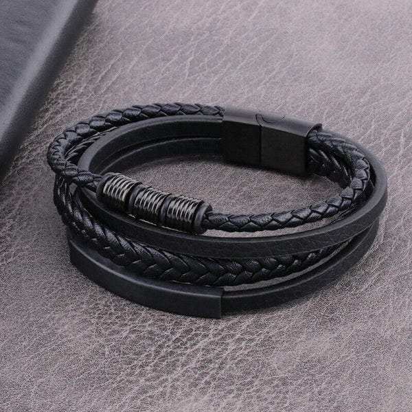Men's Stainless Steel Leather Bracelet Multilayer Braided Cuff Magnetic ClaspAU