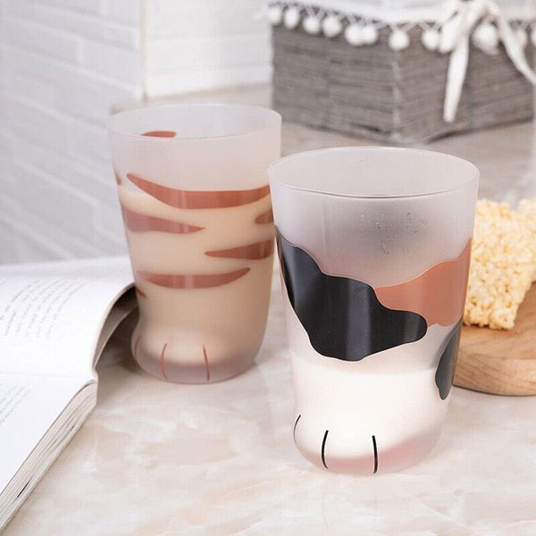 Pair 3 Cat Paw Frosted Calico Cups Glass Milk Cute Gift Tumbler Claw Foot Cute