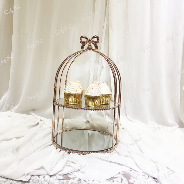 2Tiers Glossy Gold Mirror Birdcage Cup Cake Stand High Tea Plate Wedding Party