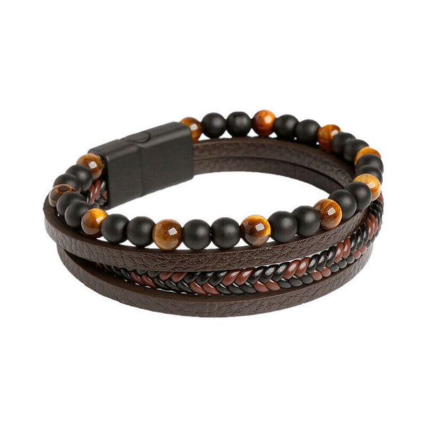 Mens Leather Braided Surfer Wristband Bracelet Tiger Eyes Beaded Bangle Gift