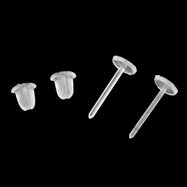 100x Clear Plastic Flat Earrings Studs & Backings - Transparent Invisible Blank