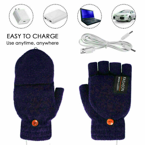 Winter Electric Rechargeable Mitten Heated Gloves Half Finger W/Hat USB Knitted
