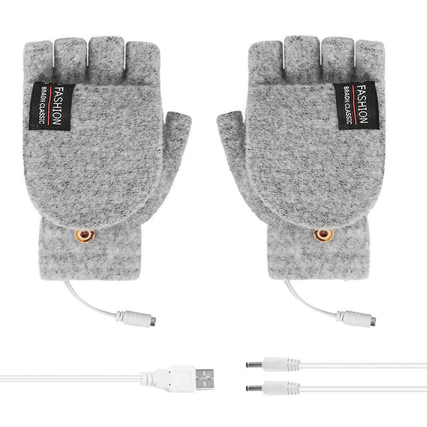 Winter Electric Rechargeable Mitten Heated Gloves Half Finger W/Hat USB Knitted