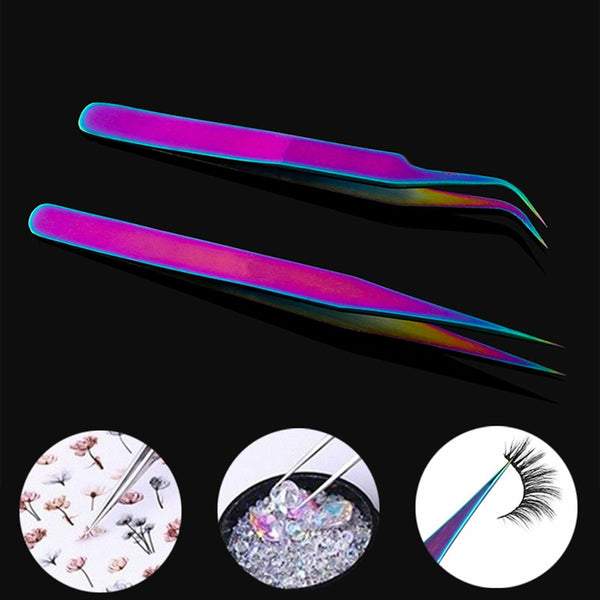 2pcs Eyelash Tweezers Eye Lash Clip Remover Tool False Extension Curved Pointed