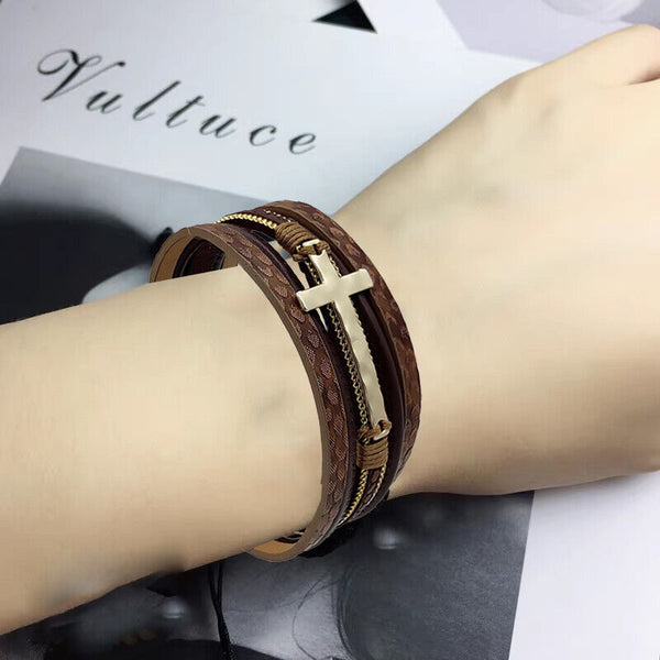 Men Cross Bracelet Multi-Layer Leather Wristband Stainless Steel Stylish Gift AU