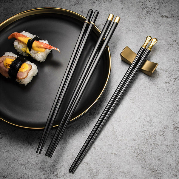 5Pairs Alloy Chopsticks Fibreglass Set Black Premium Asian Japanese Gold Black