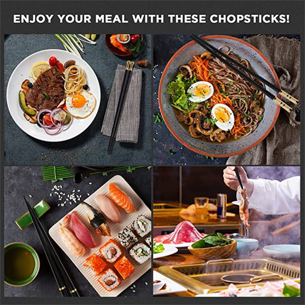 5Pairs Alloy Chopsticks Fibreglass Set Black Premium Asian Japanese Gold Black