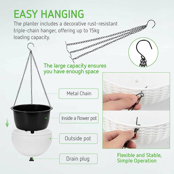 2x Landen Rattan Hanging Plant Pots Flower Baskets Planters Self Watering Wall