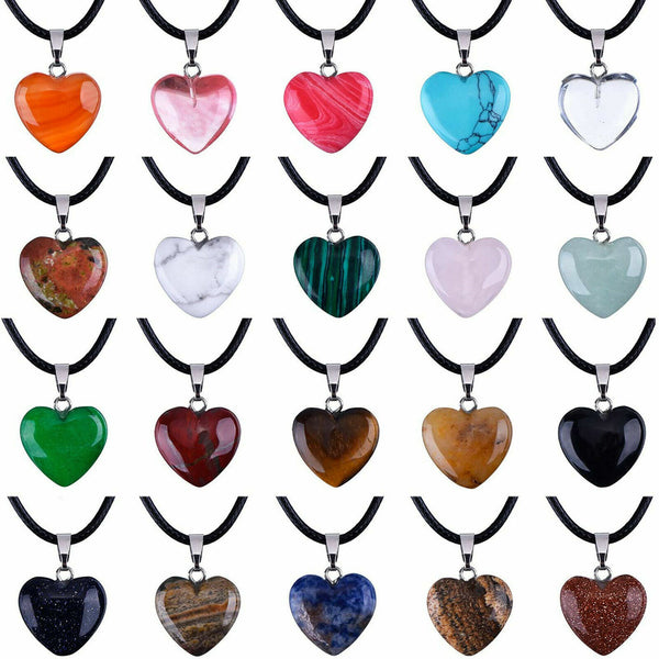 6-120Heart Gemstone Natural Quartz Crystal Healing Chakra Stone Pendant Necklace