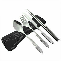 4Pcs Stainless Steel Cutlery Set Knife Fork Spoon Chopsticks With Portable Bag