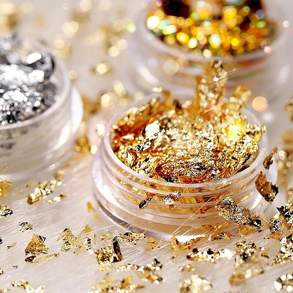 12PCS Gold Silver Foil Flakes Leaf Wrap Nail Art Acrylic Gel Polish Nail Tool AU