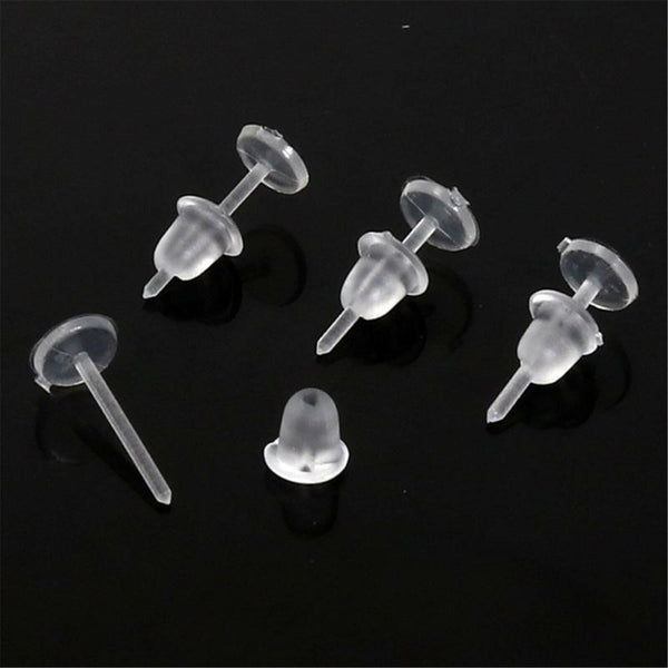 100x Clear Plastic Flat Earrings Studs & Backings - Transparent Invisible Blank
