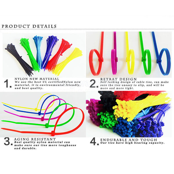 100pcs Colourful Cable Ties Zip Nylon UV Stabilised Bulk Cable Tie For Trade Use