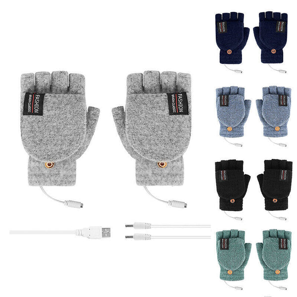 Winter Electric Rechargeable Mitten Heated Gloves Half Finger W/Hat USB Knitted