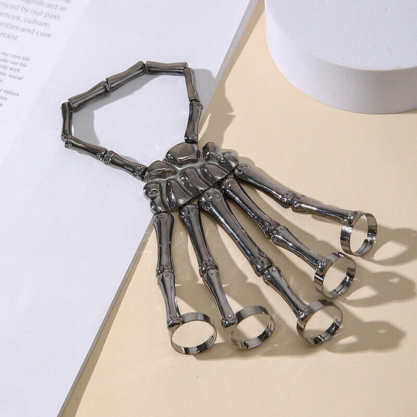 Punk Skeleton Hand Bone Five Finger Ring Bracelet Adjustable Halloween Brace AU