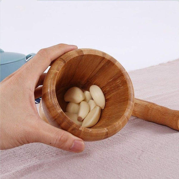 Set Mortar+Pestle Garlic Press Crusher Spice Herb Grinder Tool Hard Wood Natural