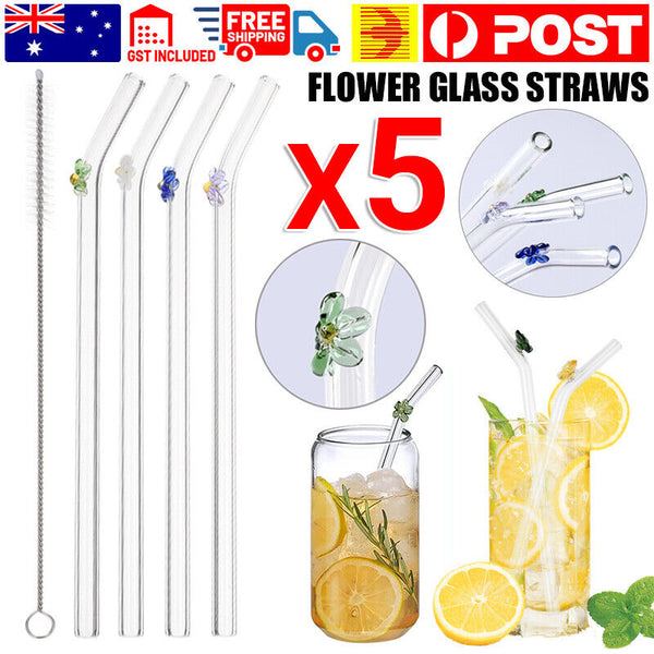 5PCS Flower Glass Pyrex Drinking Straws Pack Bent Straight Reusable Eco-Friendly