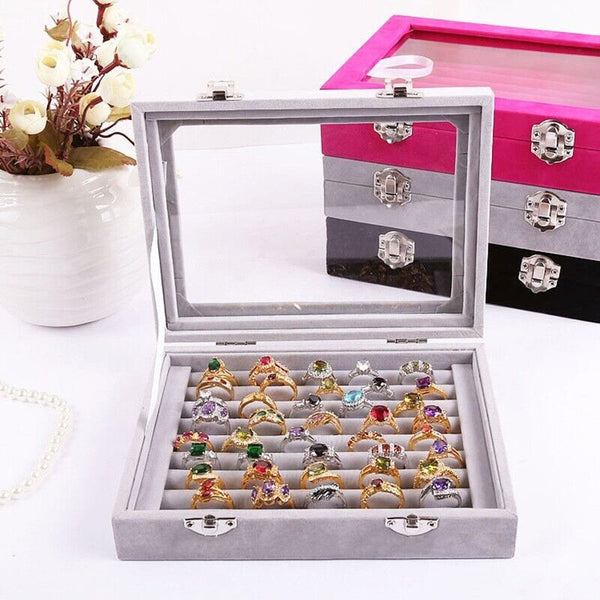 Velvet Ring Earring Jewelry Display Organizer Box Tray Holder Storage Case