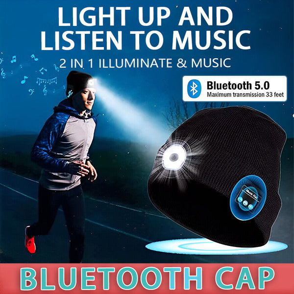 Bluetooth LED Beanie Hat with Music Speakers Mic Rechargeable Cap Head Lamp Gift