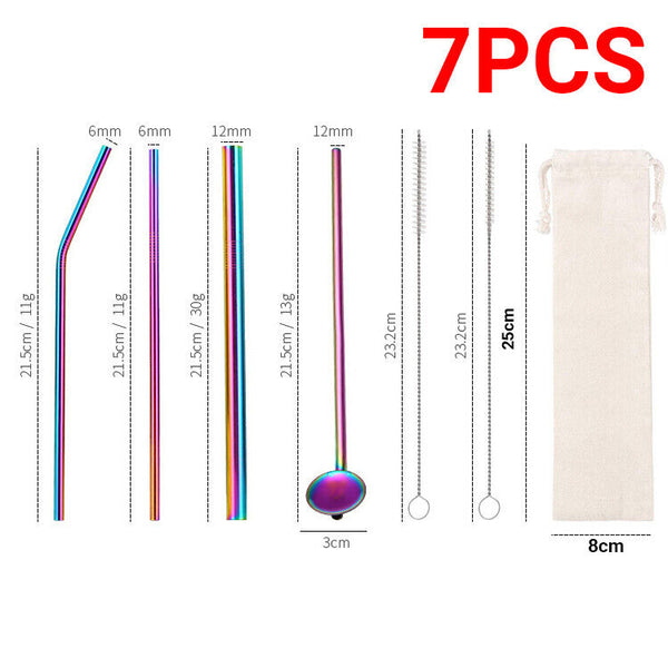 7PCS Reusable Metal Stainless Steel Straws Drinking Straw Spoon Set with Brush